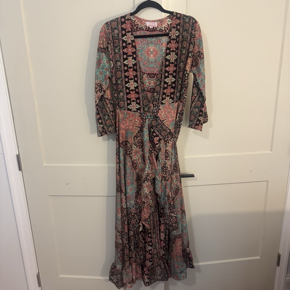VTG‎ Cienna Rosa Wrap Silk Blend  Maxi Dress in Rose & Multicolor Size S Ruffle